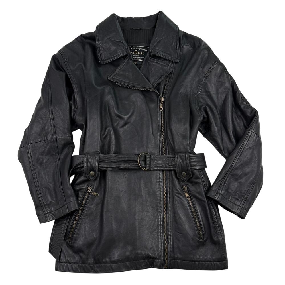 Express Leather Moto Jacket Belted Thinsulate Black Oversized Vintage 80s 90s S